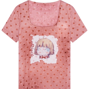 妖精的口袋波点卡通印花短袖t恤女2025年夏季新款设计感小众上衣