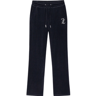 Juicy Couture橘滋【云棉天鹅绒】休闲裤女黑色烫钻丝绒微喇裤