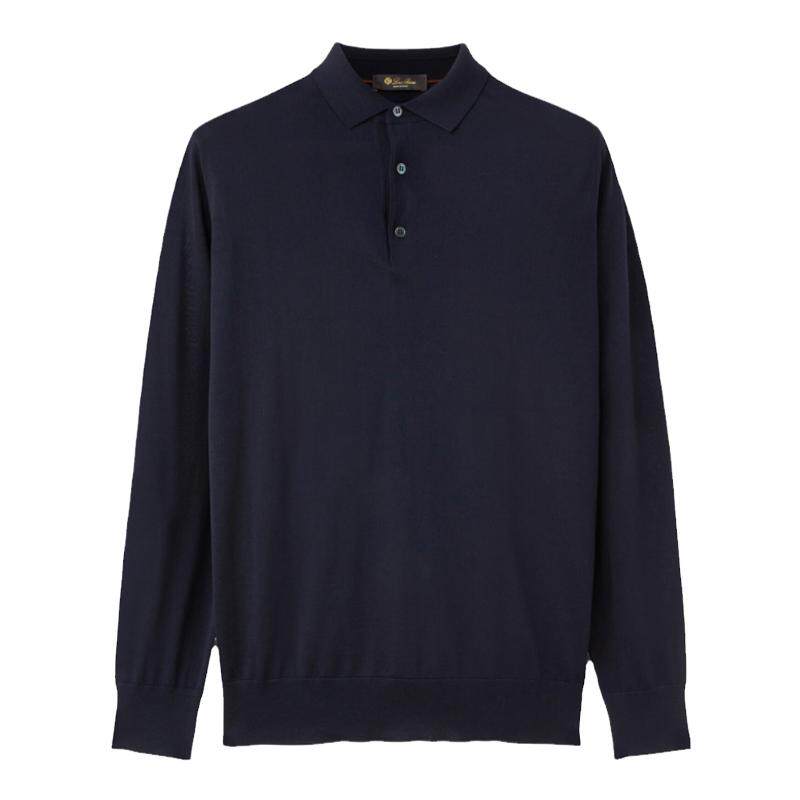 Loro Piana/诺悠翩雅男装纽扣开合长袖黑色针织Polo衫
