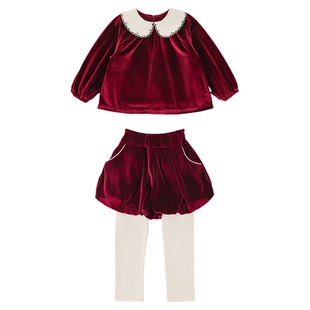 幼悠女童2025冬季新款加绒厚实保暖娃娃衫假两件打底裤圣诞节套装