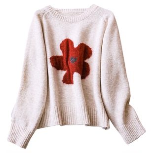 撞色花朵提花宽松慵懒显瘦毛衣减龄漂亮长袖套头洋气女针织衫M926