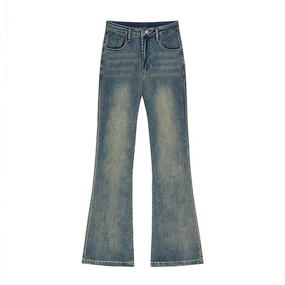 加绒加厚微喇牛仔裤女大码胖mm冬季美式复古高腰不贴腿弹力喇叭裤