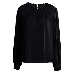 罗衣高级缎面拼接雪纺衬衫女春季职场OL风镂空衬衣黑色上衣11005