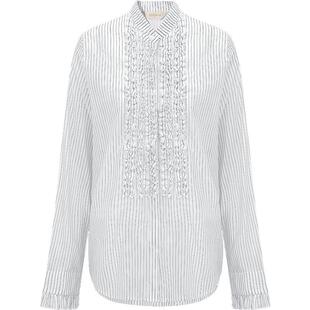 COCOBELLA重工立体木耳边立领条纹衬衫女优雅花苞袖衬衣SR3033