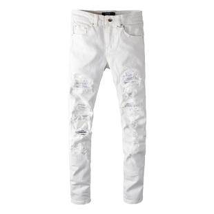 AMR JEANS 美式高街潮牌新款白色烫钻补丁破坏水洗修身小脚牛仔裤