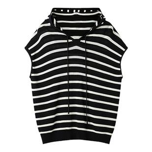 TKY SHOP连帽黑白条纹针织衫女夏季新款时尚宽松休闲百搭上衣T恤