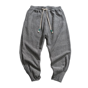 中国风男裤子佛系休闲毛呢长裤格子秋冬古着收脚宽松小脚裤男国潮