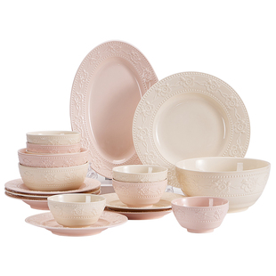 法式浮雕餐具米饭碗家用2025新款奶油风碗盘组合餐盘大盘子汤面碗