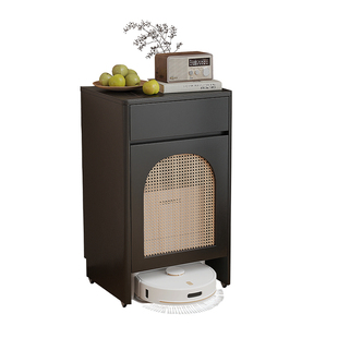 中古风扫地机器人置物柜藤编沙发边柜侧边几基站上方置物架收纳柜