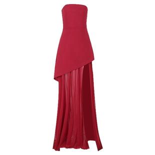 小可wiwi法式气质抹胸长裙性感修身红色礼服成人礼网纱拼接连衣裙