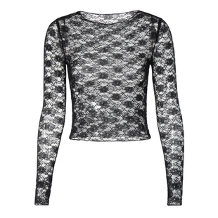 shemoda性感辣妹半透黑色网纱蕾丝长袖T恤女外穿修身显瘦圆领上衣