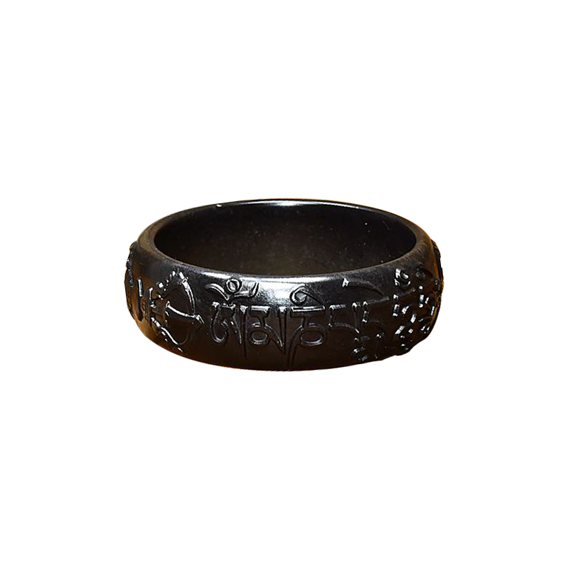 已结缘新疆和田玉墨玉籽料手镯54 5MM宽条六字真言金刚杵