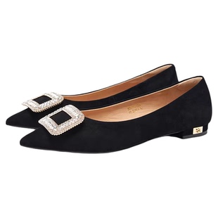 星期六单鞋2025春季新款水钻方扣浅口低跟通勤女黑单鞋SSD1111033
