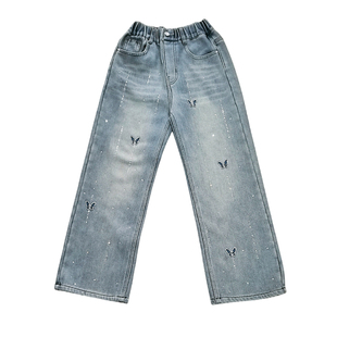 女童裤子加绒加厚冬季2026新款阔腿大儿童洋气蝴蝶烫钻直筒牛仔裤