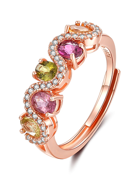 碧玺彩虹排戒女纯银清新开口女戒