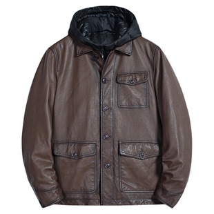 MCS男装源自万宝路秋冬新款鸭绒保暖连帽夹克外套绵羊皮真皮皮衣