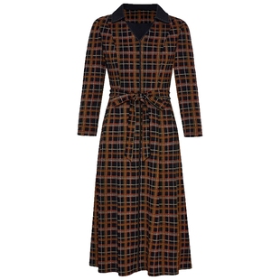 马天奴2025秋冬新款黄格子翻领长袖连衣裙子收腰带气质时尚复古女