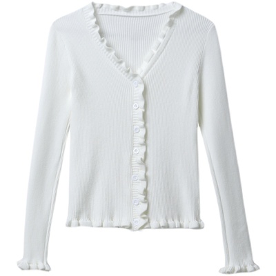 v领短款毛衣女修身木耳边小个子