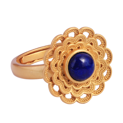 小银匠青金石纯银开口莲花戒指女