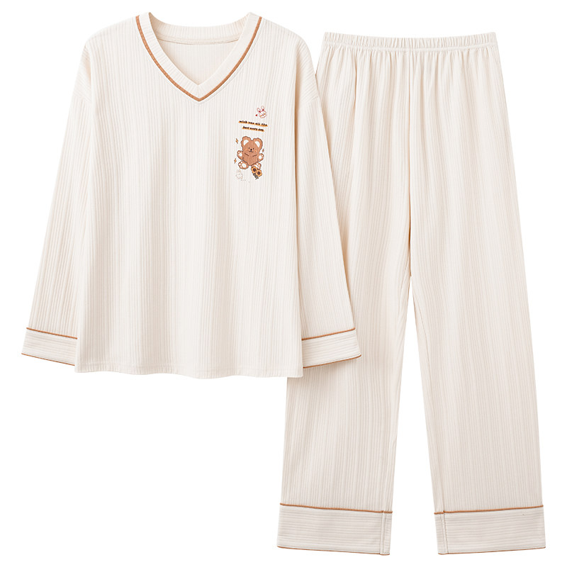 女棉自带胸垫一体长袖套装家居服