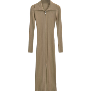 棉洋 复古气质长袖修身针织连衣裙 性感双拉链开叉polo领针织长裙