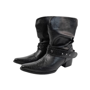 复古尖头褶皱西部牛皮短靴女2025新款粗跟显瘦机车黑色骑士时装靴
