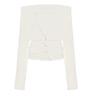 DARLINGAGA欧美简约风一字领露肩纽扣收腰T恤女纯色百搭长袖上衣