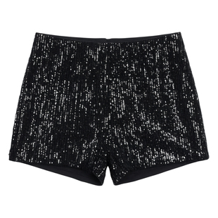 黑色亮片性感直筒短裤女 Black sequin sexy straight leg shorts