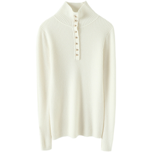 显瘦有型搭配！金扣高领弹力修身羊绒衫女纯羊绒毛衣针织打底衫冬