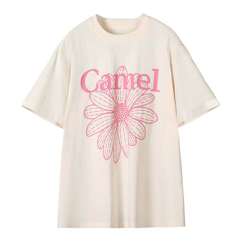 骆驼冰皮T神女小雏菊T恤短袖夏季棉感休闲韩系圆领学生运动上衣潮