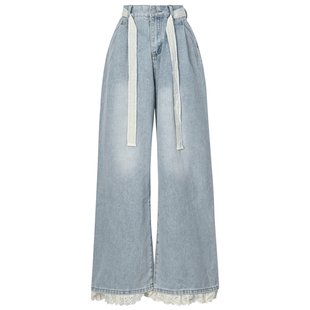 森女部落蕾丝拼接花边牛仔裤腰带阔腿裤2026年春秋季新款裤子女装