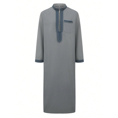 Men's Ethnic Long Robe休闲刺绣立领长款带口袋衬衫袍子民族服饰