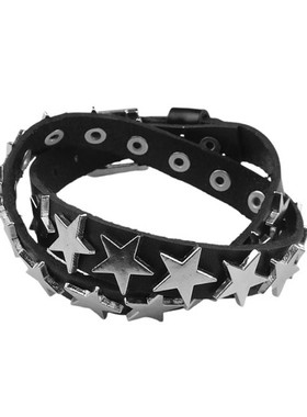 两圈黑色柔软牛皮五角星朋克手链