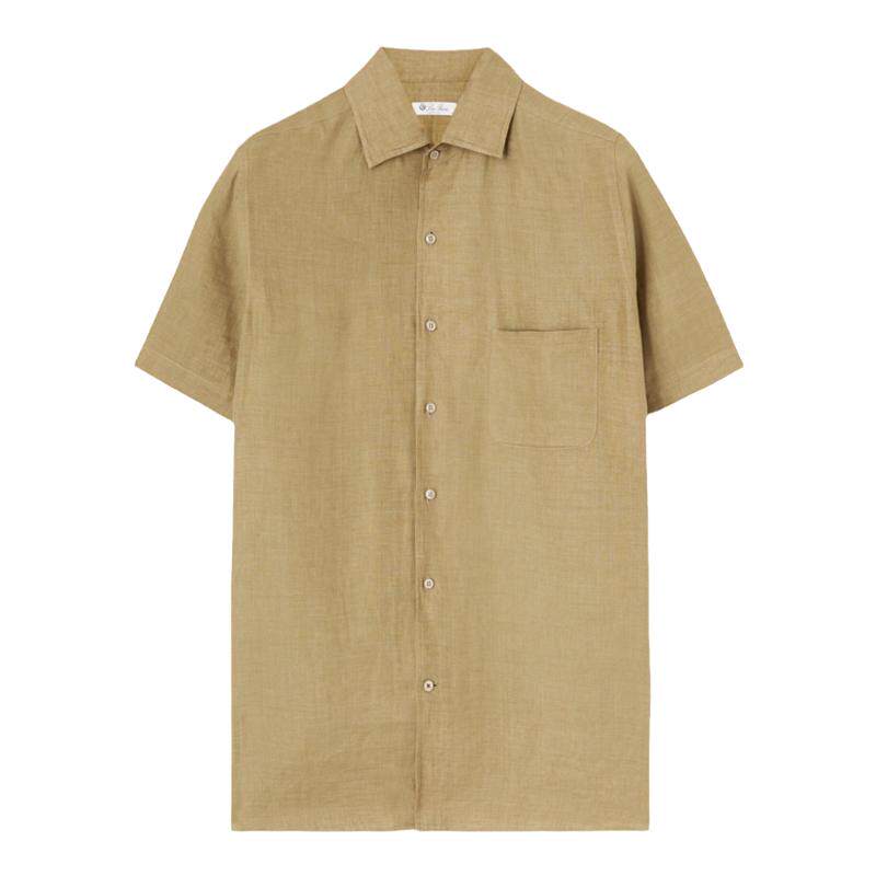 Loro Piana/诺悠翩雅男装米色亚麻帆布短袖宽松休闲衬衫