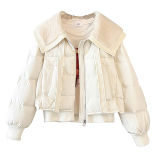 小香风白色短款羊羔毛翻领羽绒服女2025冬季新季新款白鸭绒厚外套