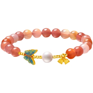 六桂福红玛瑙珍珠蝴蝶女好事连连南红玛瑙手链新年礼物