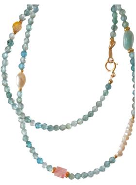 QIANTAO「蔚云」原创油画天然蓝托帕水晶珍珠项链女生锁骨链礼物