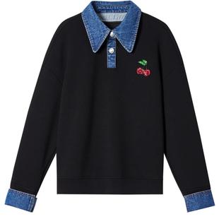 SALT.P可颜2024年秋季新款翻领刺绣牛仔假两件卫衣女宽松