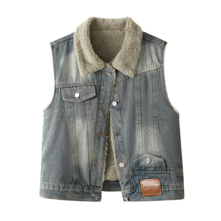 复古港味做旧工装牛仔马甲女冬装羊羔绒保暖无袖坎肩加厚夹克外套