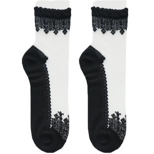 6双防滑纯棉底丝袜短袜女黑丝水晶袜薄款蕾丝花边中筒玻璃丝袜子