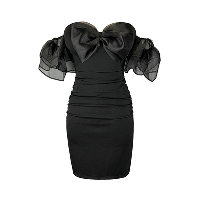 性感风纯色一字领蝴蝶结连衣裙