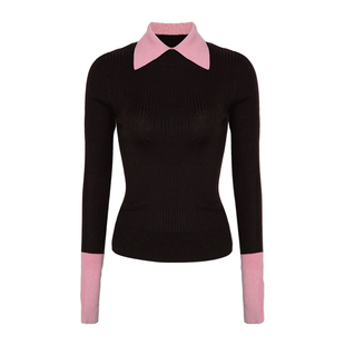 DPLAY【云朵针织】翻领毛衣黑色针织衫含羊毛打底衫撞色假两件