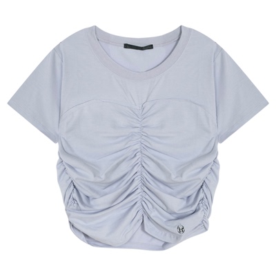 Heatherich T恤女2025夏季新款短款修身褶皱圆领短袖上衣497307