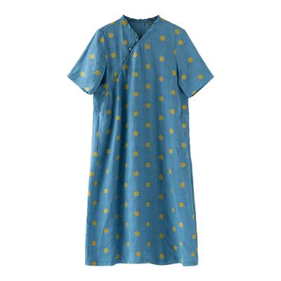 唯美浪漫A字裙亚麻海蓝色口袋v领