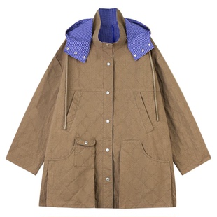 定制女装 剑麻棉连帽外套蓝白格纹衬里复古工装风宽松外套0823