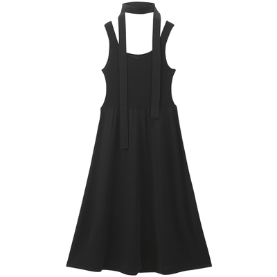 太平鸟女装春秋季纸片人拼接无袖飘带V领连衣裙女A1FAE3256