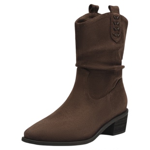 星期六复古高跟中筒堆堆靴女靴子2025新款秋季尖头百搭马丁靴短靴