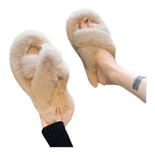 交叉毛毛拖鞋女士春秋冬家居外穿26新款柔软棉拖鞋一字拖韩版舒适