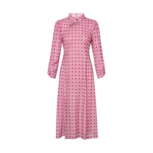 黛玛诗显瘦花裙子2025秋季新款新中式镂空立领粉色印花连衣裙女