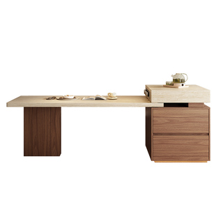 中古洞石岛台餐桌一体可伸缩小户型胡桃木带电磁炉多功能高级感导